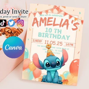 Faire-part d'anniversaire modifiable imprimable personnalisé, invitation d'anniversaire Lilo and Stitch, modèle d'invitation de fête Stitch, toile d'anniversaire fille Stitch