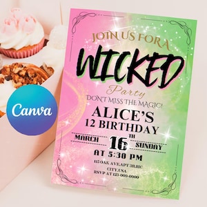 Wicked Party Einladung zum Geburtstag bearbeitbar Invite Pink und Grün WICKED inspirierte Kinokarte Elphaba & Glinda Thema Canva Vorlage