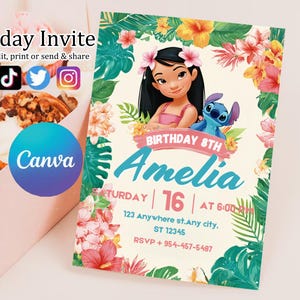 Faire-part d'anniversaire modifiable imprimable personnalisé, invitation d'anniversaire Lilo and Stitch, modèle d'invitation de fête Stitch, toile d'anniversaire fille Stitch