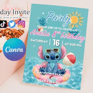 Stitch Pool Party Birthday Invitation for Girl Editable Stitch and Angel Pool Invitation Hawaii party birthday invitation girl party