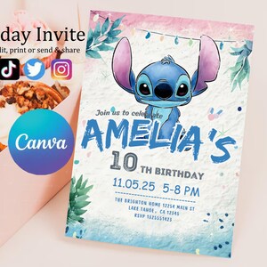 Faire-part d'anniversaire modifiable imprimable personnalisé, invitation d'anniversaire Lilo and Stitch, modèle d'invitation de fête Stitch, toile d'anniversaire fille Stitch