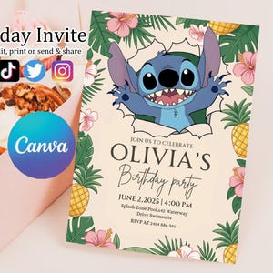 Custom Printable Editable Stitch Invitation, Lilo And Stitch Birthday Invite, Stitch Party Invite Template, Stitch Birthday Girl Canva Edit