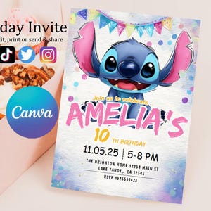 Faire-part d'anniversaire modifiable imprimable personnalisé, invitation d'anniversaire Lilo and Stitch, modèle d'invitation de fête Stitch, toile d'anniversaire fille Stitch