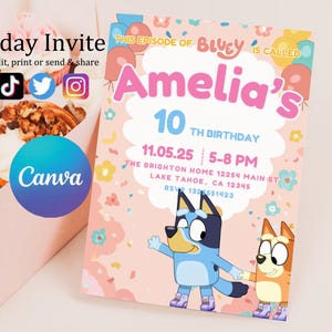 Bluey TWO-EY 2nd Birthday Invitation, Bluey Rainbow Daisy Pink Girl Party, Bluey Girl 2nd Birthday Party Invitation