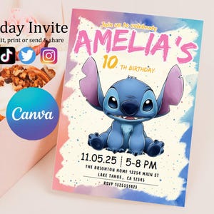 Faire-part d'anniversaire modifiable imprimable personnalisé, invitation d'anniversaire Lilo and Stitch, modèle d'invitation de fête Stitch, toile d'anniversaire fille Stitch