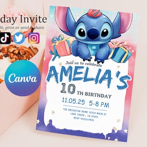 Faire-part d'anniversaire modifiable imprimable personnalisé, invitation d'anniversaire Lilo and Stitch, modèle d'invitation de fête Stitch, toile d'anniversaire fille Stitch