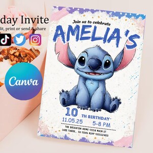 Faire-part d'anniversaire modifiable imprimable personnalisé, invitation d'anniversaire Lilo and Stitch, modèle d'invitation de fête Stitch, toile d'anniversaire fille Stitch