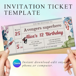 Modelo editável de convite de aniversário de super-herói, convite digital de super-herói dos Vingadores, cartão de convite de super-herói para download instantâneo