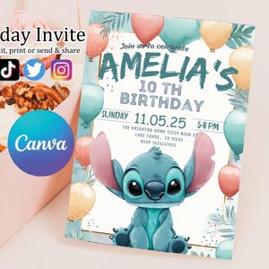 Faire-part d'anniversaire modifiable imprimable personnalisé, invitation d'anniversaire Lilo and Stitch, modèle d'invitation de fête Stitch, toile d'anniversaire fille Stitch