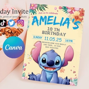 Faire-part d'anniversaire modifiable imprimable personnalisé, invitation d'anniversaire Lilo and Stitch, modèle d'invitation de fête Stitch, toile d'anniversaire fille Stitch