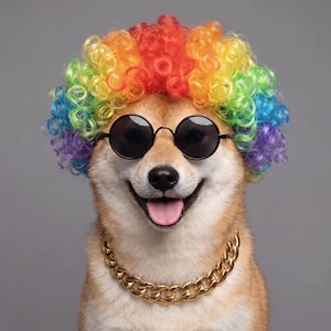 May include: A Shiba Inu dog wearing a vibrant rainbow-coloured curly afro wig, round black-rimmed sunglasses, and a thick gold-toned chain necklace. The dog has a light brown and white coat, a black nose, and an open mouth showing its pink tongue.