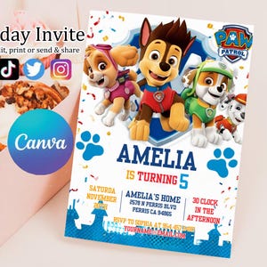 Editable Paw-ty Birthday Invitation Template | Puppy Patrol Pup Crew Boys & Girls Bday | Kids Printable Party Invitation | Instant Download