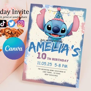 Faire-part d'anniversaire modifiable imprimable personnalisé, invitation d'anniversaire Lilo and Stitch, modèle d'invitation de fête Stitch, toile d'anniversaire fille Stitch