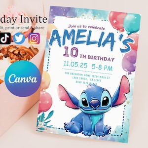 Faire-part d'anniversaire modifiable imprimable personnalisé, invitation d'anniversaire Lilo and Stitch, modèle d'invitation de fête Stitch, toile d'anniversaire fille Stitch