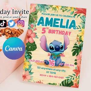 Custom Printable Editable Stitch Invitation, Lilo And Stitch Birthday Invite, Stitch Party Invite Template, Stitch Birthday Girl Canva Edit