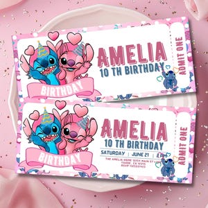Invitación de cumpleaños de Stitch y Ángel: Plantilla editable e imprimible. Hermosa invitación para el cumpleaños de tu pequeño, editable en Canva.