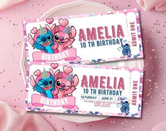 Stitch & Angel Geburtstagseinladung: Druckbare Canva Vorlage (13x18cm)