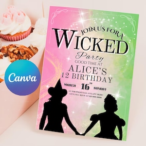 Wicked Party Einladung zum Geburtstag bearbeitbar Invite Pink und Grün WICKED inspirierte Kinokarte Elphaba & Glinda Thema Canva Vorlage