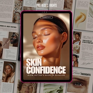 Op de afbeelding: Een digitale tablet met een roze rand toont een huidverzorgingsgids getiteld "Skin Confidence: Glow Getter's Guide to Skincare". De cover toont een vrouw met een stralende huid. Rondom de tablet bevinden zich pagina's met huidverzorgingstips en afbeeldingen.