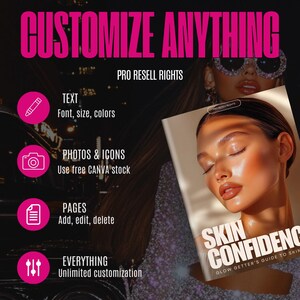 Op de afbeelding: Een promotieafbeelding met de tekst "CUSTOMIZE ANYTHING" in felroze. De afbeelding benadrukt aanpassingsopties: tekst, foto's en pictogrammen, pagina's en alles. Er wordt ook een magazinecover met de titel "SKIN CONFIDENCE" getoond.