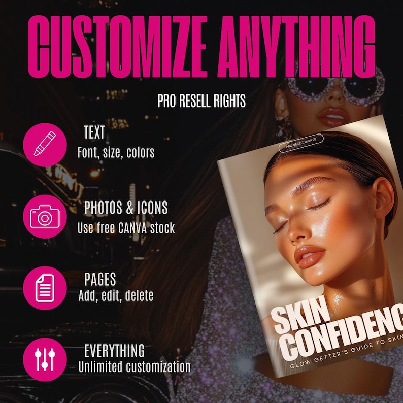 Op de afbeelding: Een promotieafbeelding met de tekst "CUSTOMIZE ANYTHING" in felroze. De afbeelding benadrukt aanpassingsopties: tekst, foto's en pictogrammen, pagina's en alles. Er wordt ook een magazinecover met de titel "SKIN CONFIDENCE" getoond.