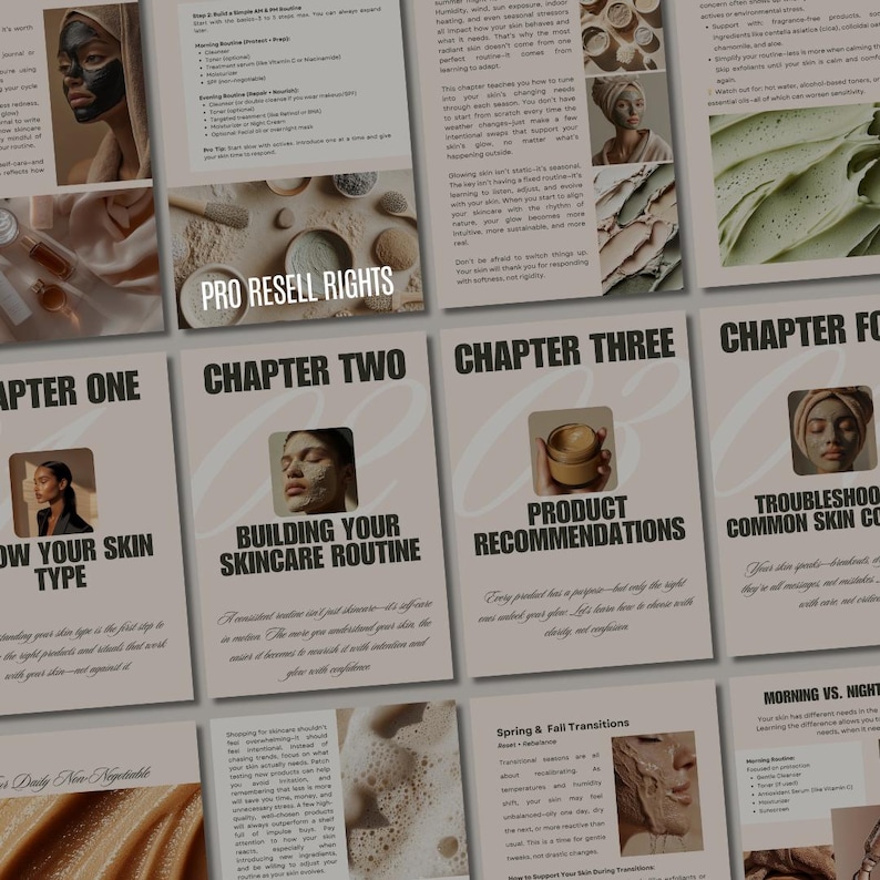 Op de afbeelding: Een verzameling pagina's van een huidverzorgingsgids met afbeeldingen van vrouwen met gezichtsmaskers en productfoto's. De tekst bevat "Pro Resell Rights", "Hoofdstuk Een", "Hoofdstuk Twee", "Hoofdstuk Drie" en "Hoofdstuk Vier".