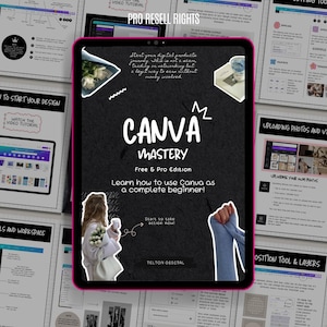 Może przedstawiać: Cyfrowy tablet z różową obwódką wyświetla przewodnik Canva Mastery. Czarny ekran zawiera biały tekst, w tym "CANVA MASTERY" i "Free & Pro Edition". Wokół tabletu znajdują się strony z samouczkami projektowania i tekstem "PRO RESELL RIGHTS."