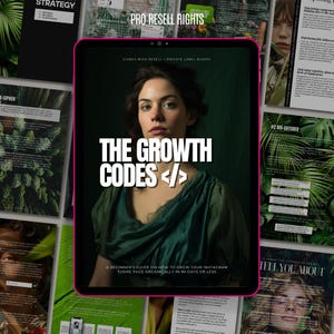 May include: A digital tablet displaying a green and white ebook cover with the title "The Growth Codes</>" and the subtitle "A Beginner's Guide on How to Grow Your Instagram Theme Page Organically in 90 Days or Less". The cover features a woman with dark hair and a green dress.