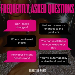 Op de afbeelding: Afbeelding met de tekst "FREQUENTLY ASKED QUESTIONS" in roze. Spraakbellen stellen vragen en geven antwoorden over het doorverkopen van producten, inclusief wijzigingen en directe toegang. De tekst "PRO RESELL RIGHTS" staat onderaan.