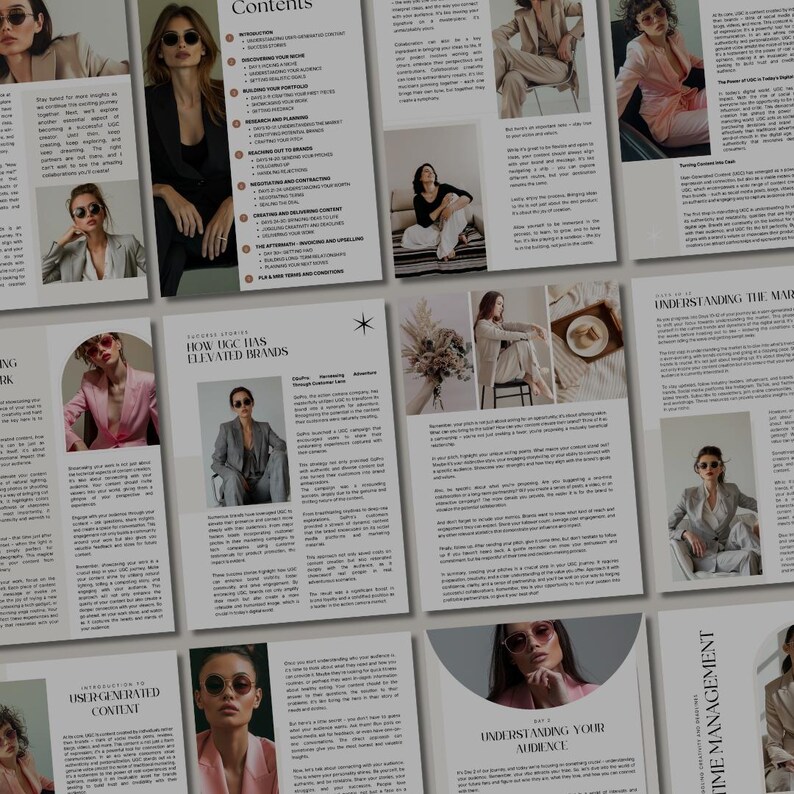May include: A collection of pages from a digital marketing guide with the title "How UGC Has Elevated Brands". The pages feature text and images of women wearing stylish clothing and accessories.