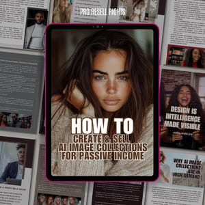 May include: A pink tablet computer with a white screen displaying the text "How to Create & Sell AI Image Collections for Passive Income". The text is in a bold, white font. The tablet is on a table with other papers and documents.