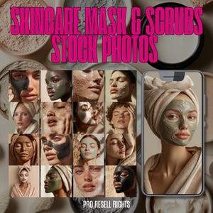 May include: A collage of images featuring people with skincare masks and scrubs. The images include close-ups of faces with various masks, and a smartphone displaying a woman with a green mask. Text reads "SKINCARE MASKS & SCRUBS STOCK PHOTOS".