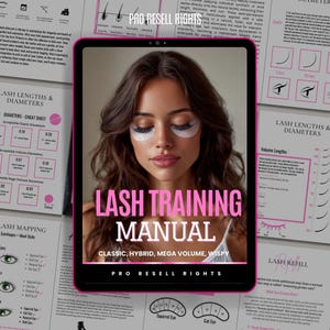 Può includere: Una donna con patch per gli occhi è raffigurata sullo schermo di un tablet, che promuove un manuale di formazione sulle ciglia. Il titolo del manuale è in grandi lettere rosa, con le parole "Classic, Hybrid, Mega Volume, Wispy" sottostanti. Vari diagrammi e grafici delle ciglia circondano il tablet.