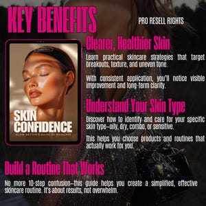 Op de afbeelding: Een digitale tablet toont de cover van een huidverzorgingsgids getiteld "Skin Confidence". De afbeelding toont een vrouw met een stralende huid. Tekst benadrukt de belangrijkste voordelen: een helderdere huid, inzicht in huidtype en het opbouwen van een huidverzorgingsroutine.