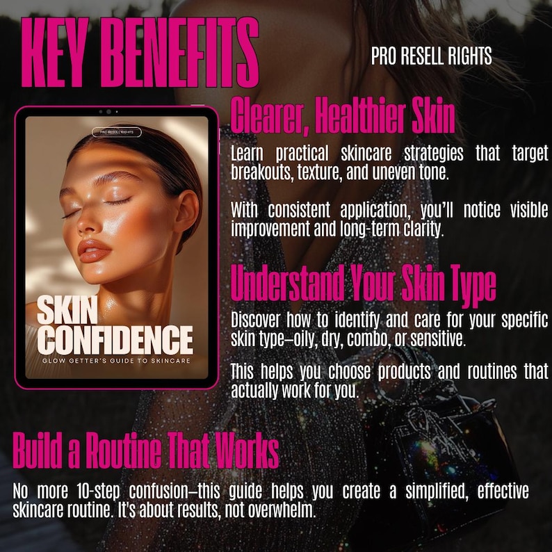 Op de afbeelding: Een digitale tablet toont de cover van een huidverzorgingsgids getiteld "Skin Confidence". De afbeelding toont een vrouw met een stralende huid. Tekst benadrukt de belangrijkste voordelen: een helderdere huid, inzicht in huidtype en het opbouwen van een huidverzorgingsroutine.