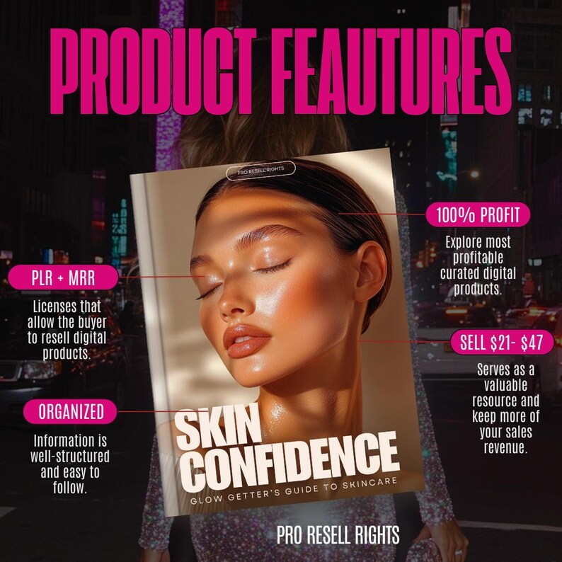 Op de afbeelding: Een promotieafbeelding met de tekst "PRODUCT FEATURES" in roze. De afbeelding toont een magazinecover met de titel "SKIN CONFIDENCE" met het gezicht van een vrouw. Tekst benadrukt "PLR + MRR", "ORGANIZED" en "100% PROFIT". De afbeelding bevat ook "PRO RESELL RIGHTS".