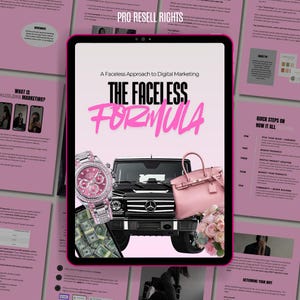 以下が含まれることがあります： タブレットに表示された「The Faceless Formula」というデジタルマーケティングガイド。黒いSUV、ピンクのアクセサリー、花が描かれています。背景には、テキストとグラフィックが描かれたピンク色のページがあります。
