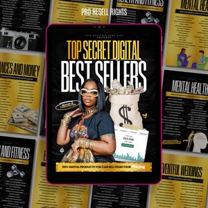 以下が含まれることがあります： サングラスと金のアクセサリーをつけた女性が写っているデジタル製品マーケティングのグラフィック。グラフィックには、ドルマークのついたお金の袋と「トップシークレットデジタルベストセラー」というテキストが描かれています。グラフィックには、「100+デジタル製品をあなたの携帯電話から販売できます」というテキストも含まれています。