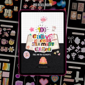 Puede incluir: Una tableta digital muestra un gráfico colorido con el texto "Canva Secret Element Codes". El diseño incluye varias pegatinas, corazones y estrellas. También son visibles las palabras "Free and Pro Elements".