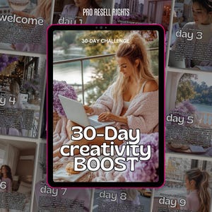 Pode incluir: Um tablet digital rosa e branco com o texto "30-Day Creativity Boost" na tela. O tablet está em uma mesa com uma mulher sentada em um roupão rosa e usando um laptop.