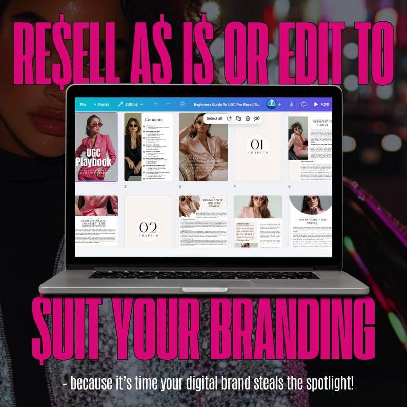 May include: A laptop screen displaying a digital product called "UGC Playbook: Beginner's Guide to UGC Pro Resell &...