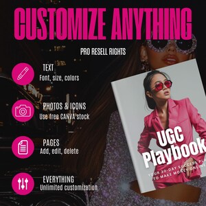 May include: A pink and white book cover with the text "UGC Playbook" and "Your 30-Day Success Plan to Make Money Online". The cover also features a woman wearing a pink blazer and sunglasses.
