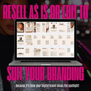 Op de afbeelding: Een laptop met een digitale presentatie met de tekst "RESELL AS IS OR EDIT TO SUIT YOUR BRANDING". De presentatie behandelt huidverzorgingsthema's, met afbeeldingen en tekst. De achtergrond is een wazige afbeelding met roze tekst.
