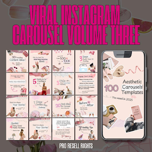 May include: A pink and white phone screen displaying a collage of 16 Instagram carousel templates. The text "Aesthetic Carousels Templates" and "You need in 2025" is displayed on the phone screen. The phone is on a pink and white background with a pink and white floral pattern.