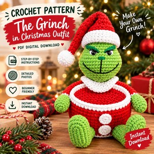 Puede incluir: Un patrón de ganchillo para un personaje verde con un traje navideño rojo y blanco. La descarga digital incluye instrucciones paso a paso, fotos detalladas y es apta para principiantes. El texto dice Crochet Pattern The Grinch in Christmas Outfit.