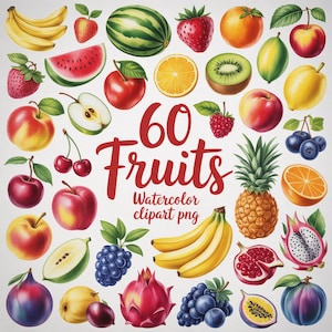 Watercolor Fruit Clipart Bundle: 60 PNG Images (Digital Download