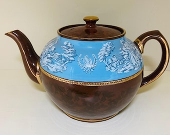 Vintage SADLER England #2635 Staffordshire Art Deco Brown Blue Gold Greek Teapot