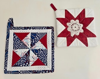Handmade Patriotic Americana Themed Quilted Potholders 7x7, 8x8 - Set of 2