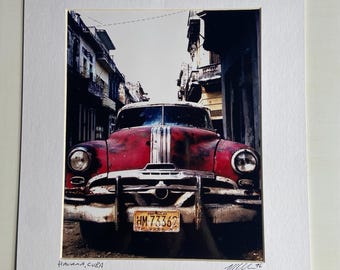 Matted Art Print Vintage Red Classic Car In Havana Cuba, Signed, 11" x 14"
