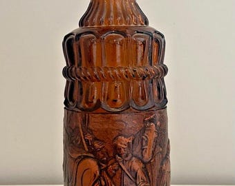 Vintage Spanish Embossed Brown Leather Amber Glass Decanter, 13.5"H, No Top